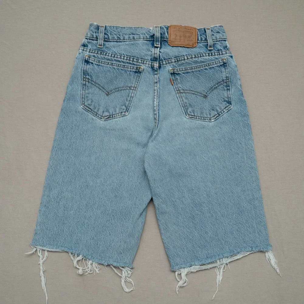 Vintage Levis Orange Tab 550 Student Cut Off Denim Shorts Jorts Raw Hem 27x12